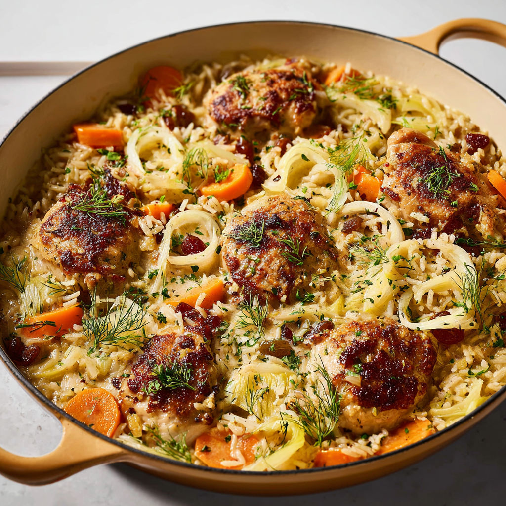 Poulet fondant avec riz complet, légumes et raisins, version plat unique qui régale.