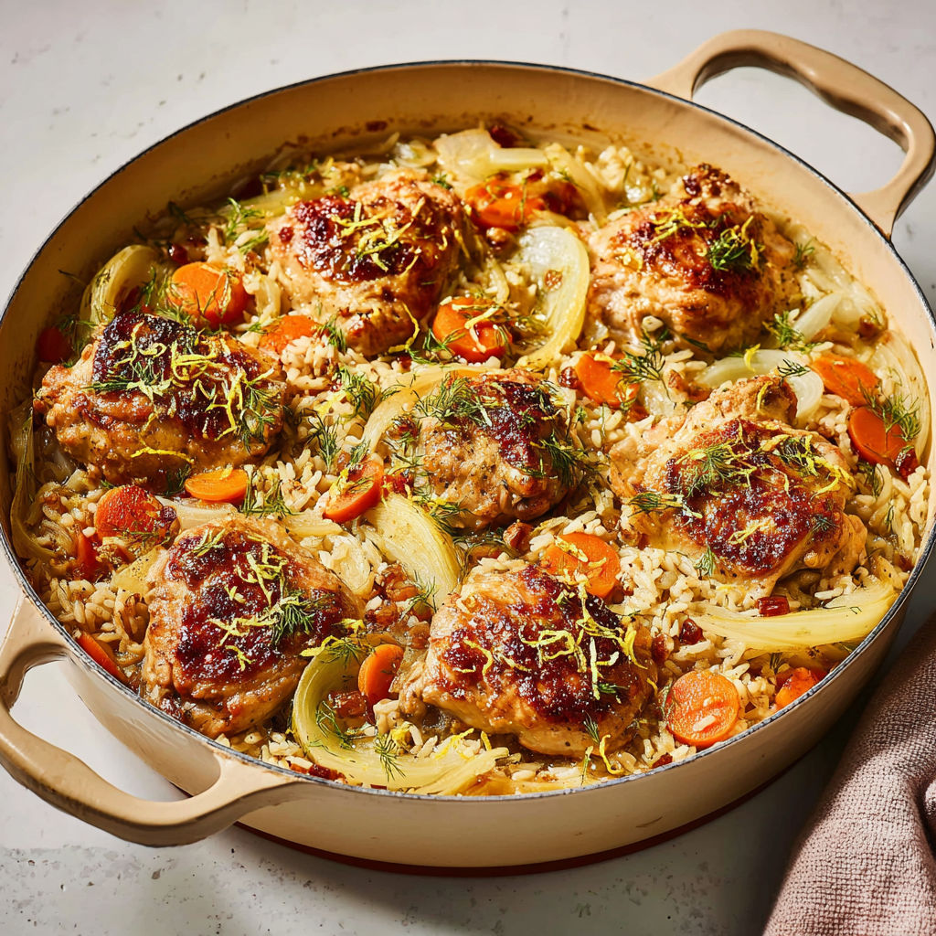 Plat complet sain : poulet, riz complet, fenouil tendre et zeste de citron-parmesan.