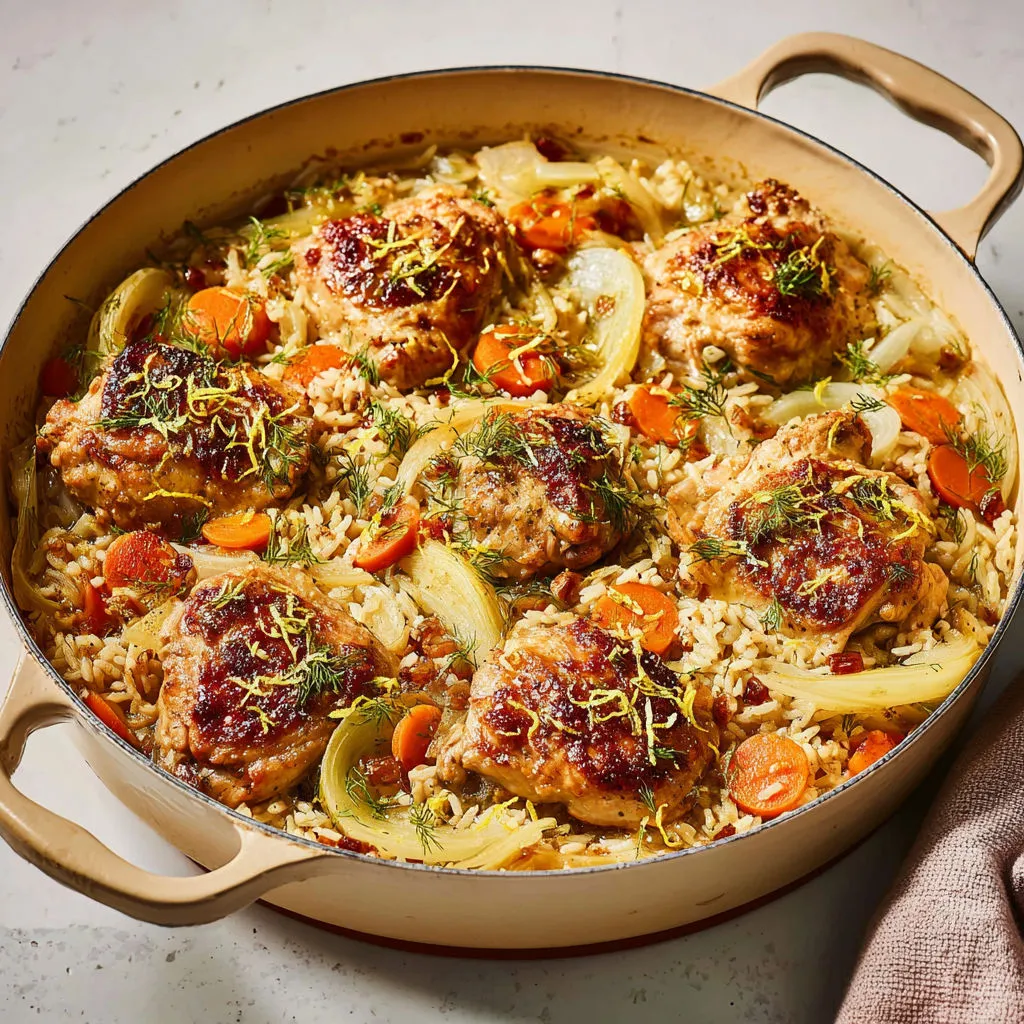 Plat complet sain : poulet, riz complet, fenouil tendre et zeste de citron-parmesan.