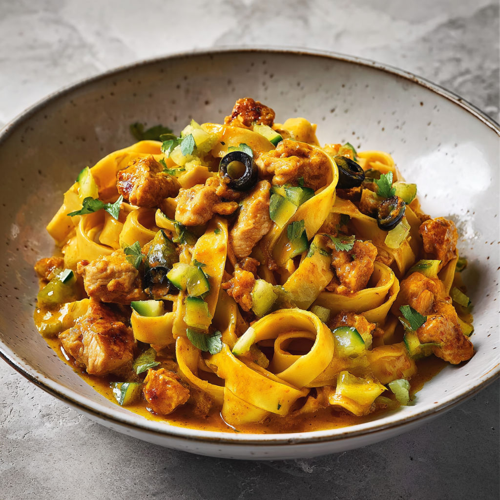 Plat de tagliatelles gourmandes au poulet, olives et citron confit.