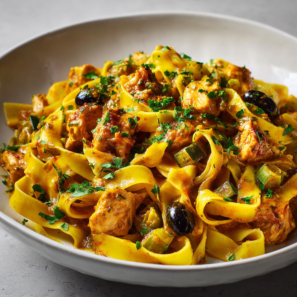 Tagliatelles au poulet à la méditerranéenne, olives et citron confit pleines de fraîcheur d’herbes.