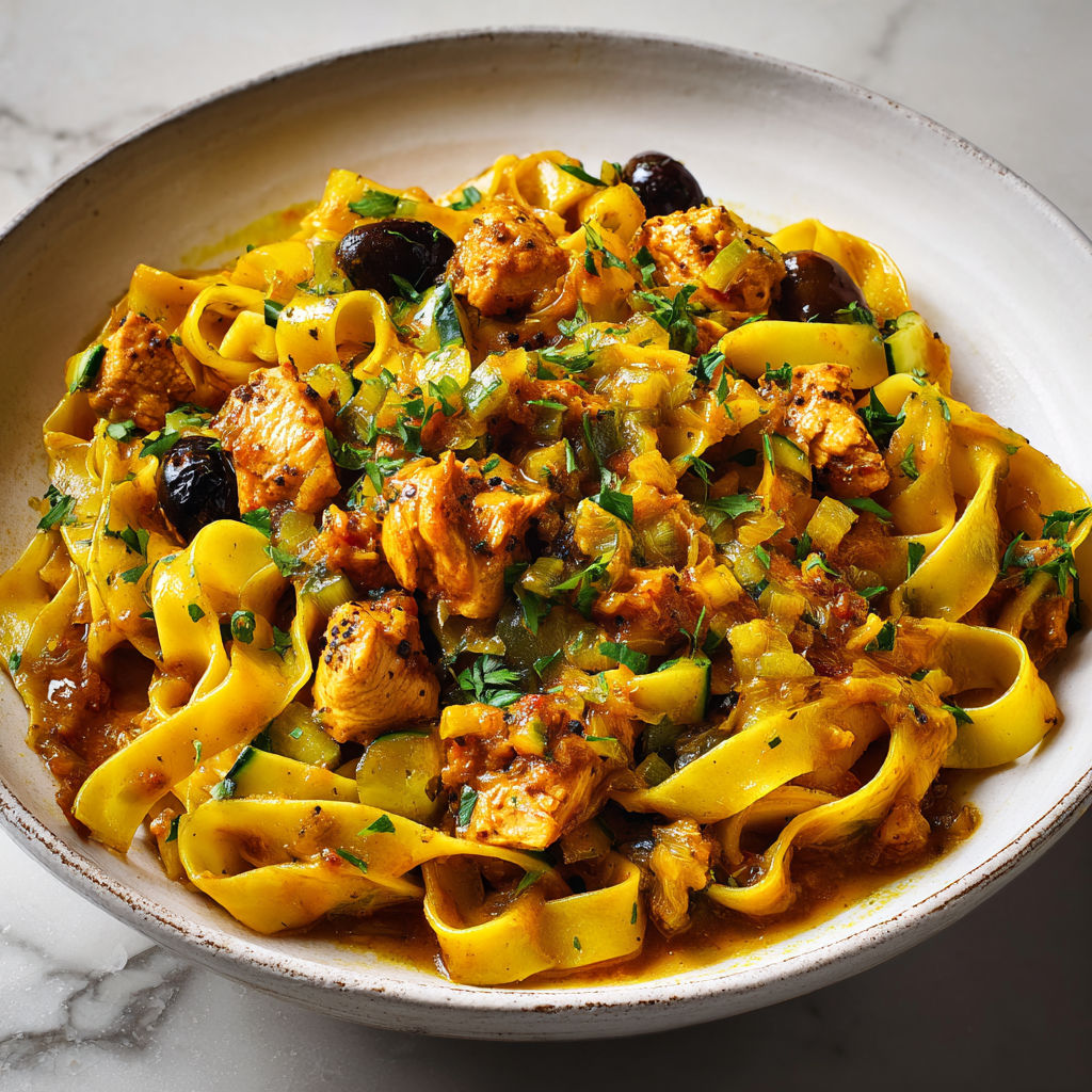 Pâtes au poulet bien épicées, olives et citron confit dans une sauce parfumée.