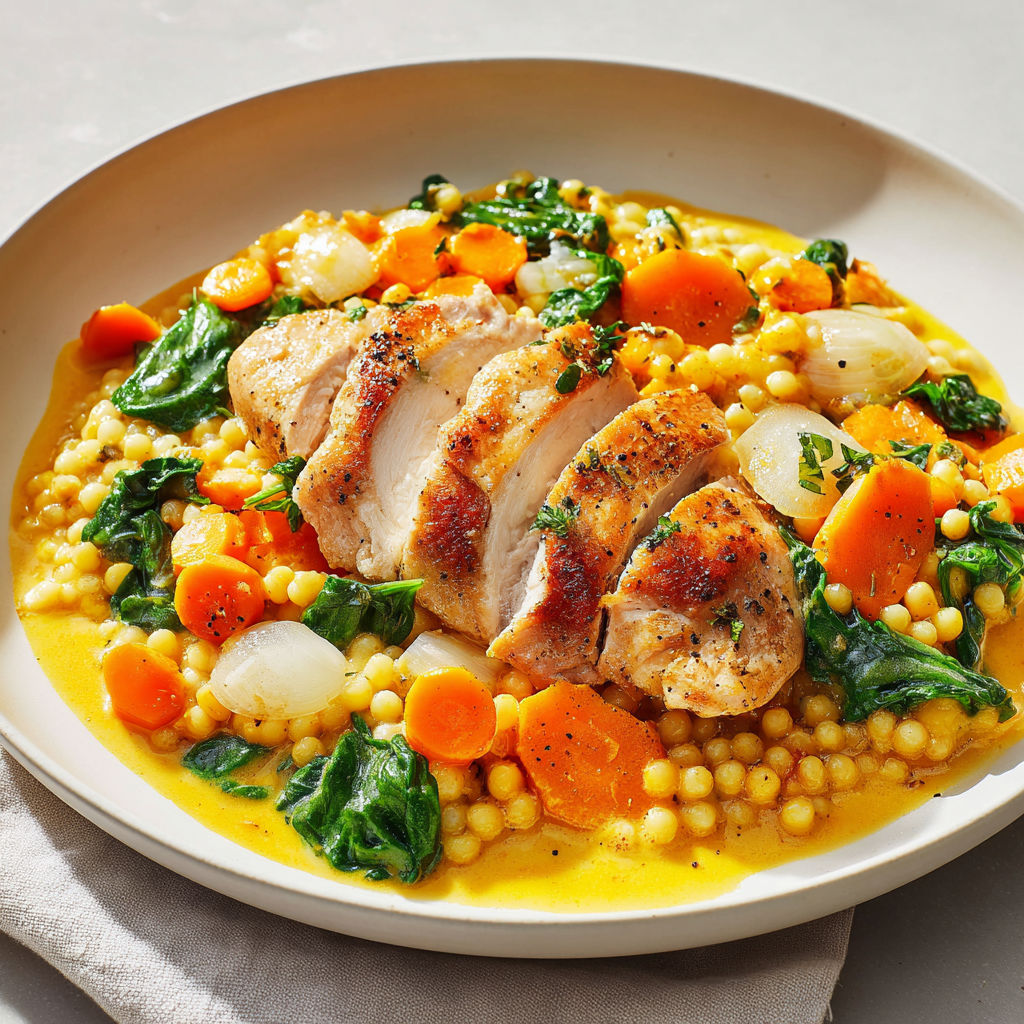 Poulet poêlé avec légumes et couscous perlé crémeux dans une assiette.