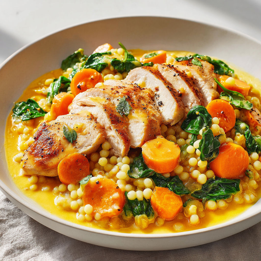 Escalopes de poulet dorées avec couscous perlé crémeux à la carotte et parmesan.