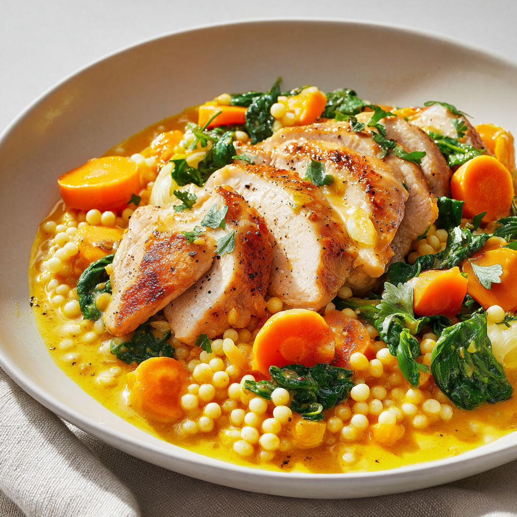 Plat de couscous perlé, poulet doré, carottes et sauce crémeuse aux épinards.