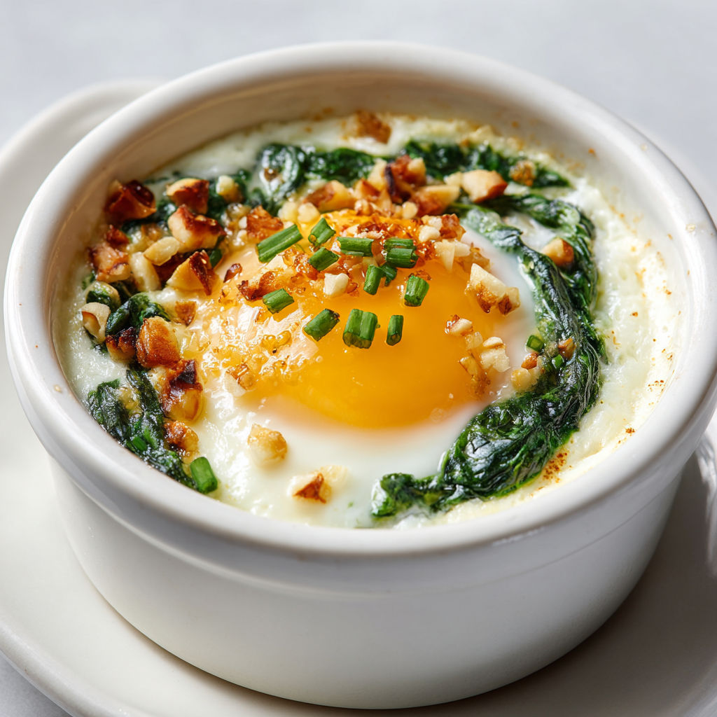 Un petit plat d'œufs aux épinards et sauce pilpil prêt à être dégusté.