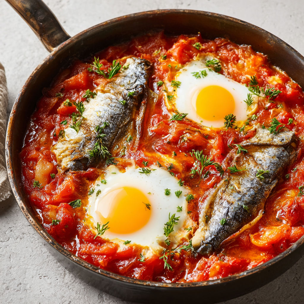 Chakchouka simple avec sardines en boîte, prête dans une casserole.