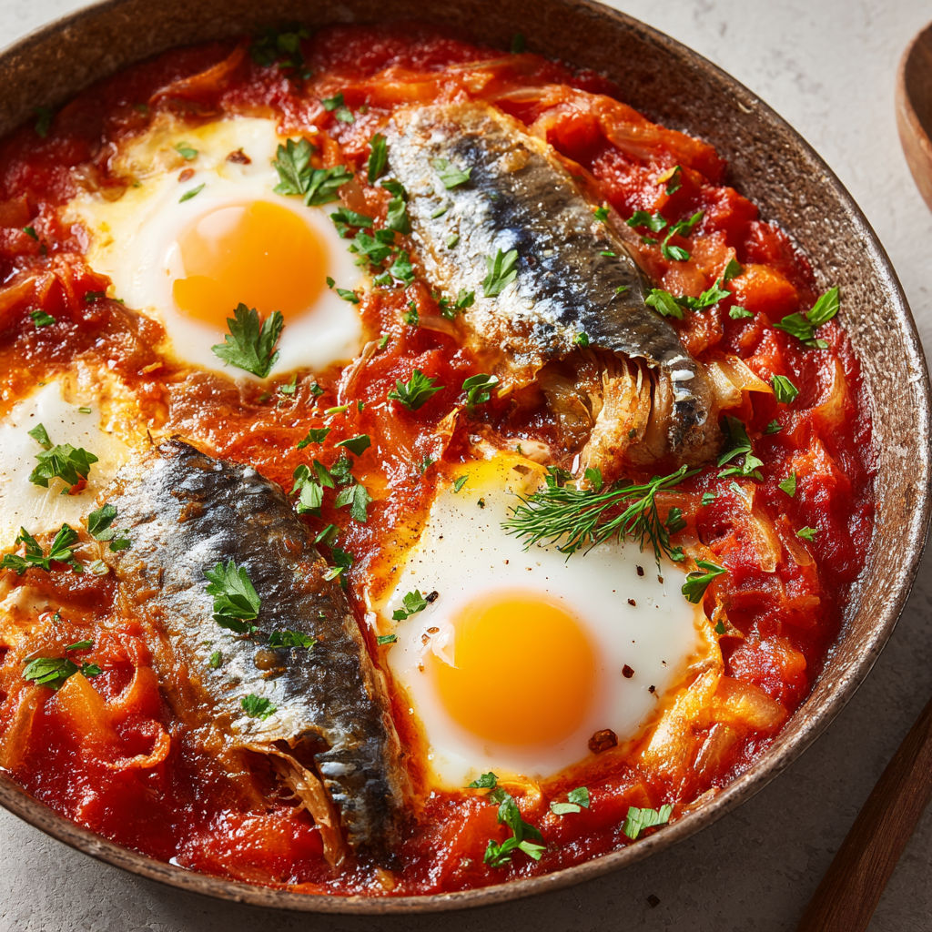 Chakchouka express aux sardines, œufs moelleux et sauce tomate parfumée.
