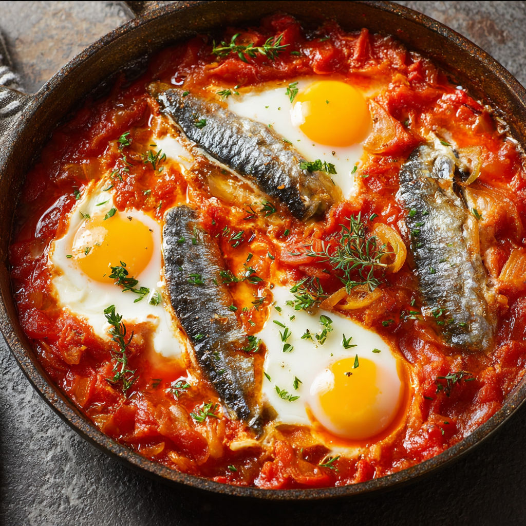 Chakchouka minute aux sardines, œufs fondants et tomate épicée.