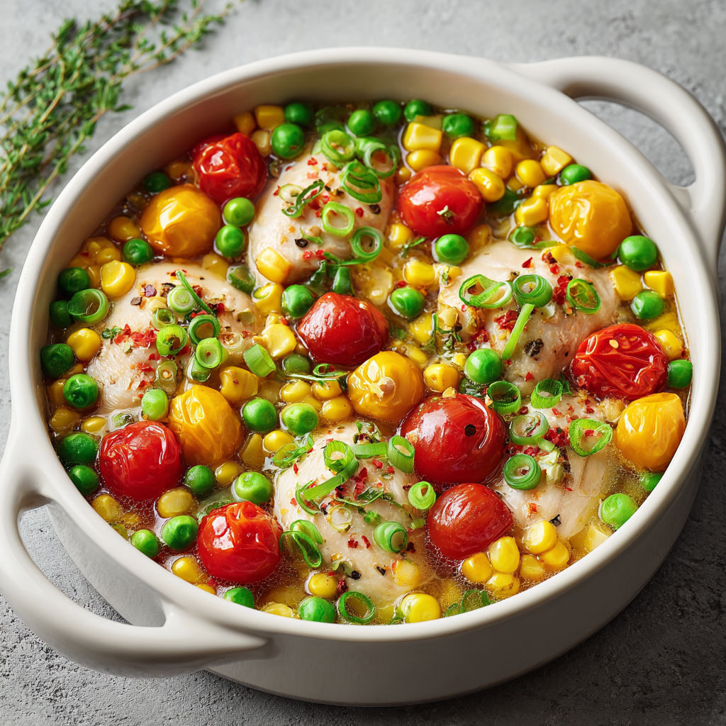 Plat généreux de poulet accompagné de maïs, pois et tomates.