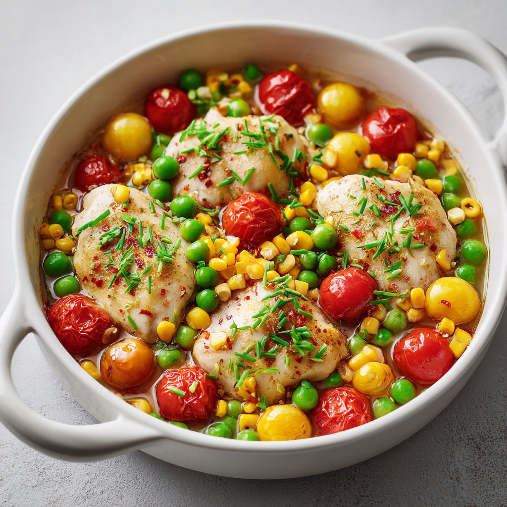Poulet fondant au maïs doux petits pois et tomates, mijoté parfumé.