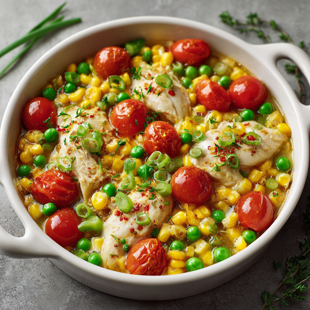 Poêlée de poulet doré, maïs sucré, petits pois et tomates juteuses, sauce douce.
