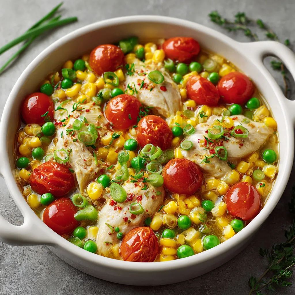 Poêlée de poulet doré, maïs sucré, petits pois et tomates juteuses, sauce douce.