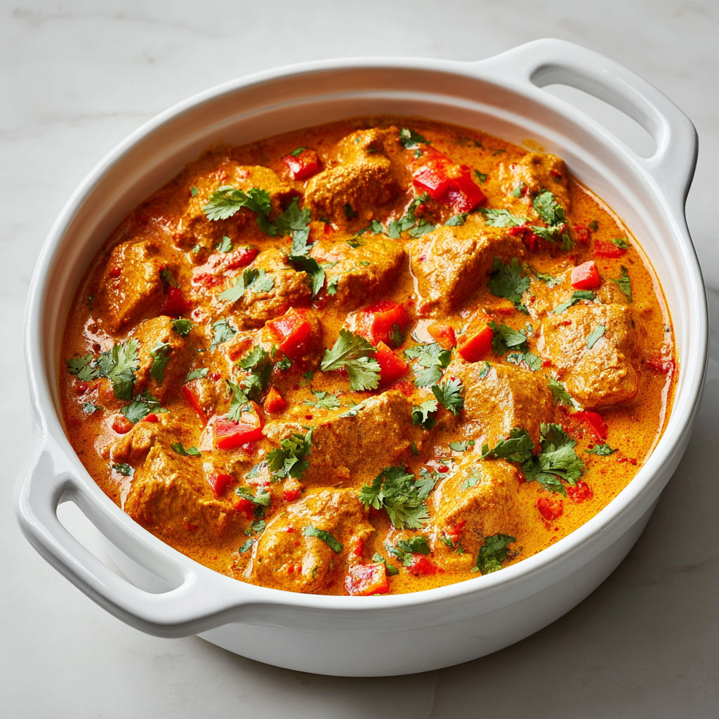Butter chicken fondant mijoté à feu doux dans une sauce crémeuse et épicée.
