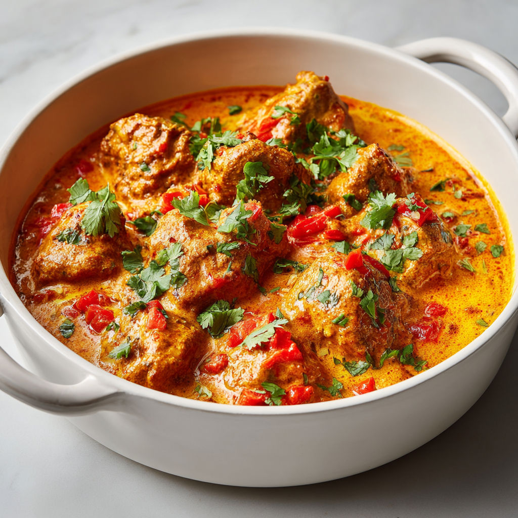 Poulet tendre mijoté longtemps, nappé de sauce crémeuse au yaourt et épices.
