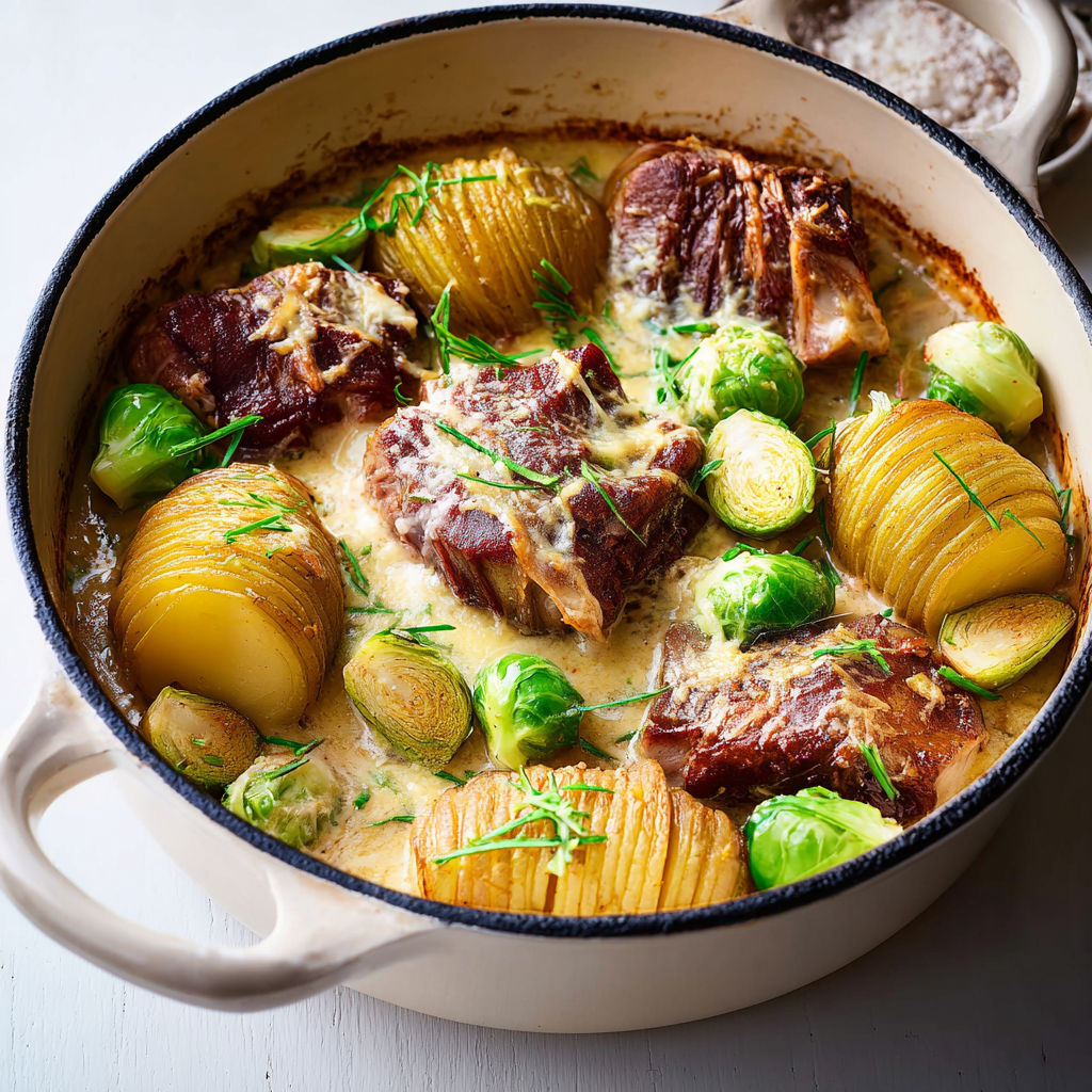 Porc mijoté crème et pommes Hasselback.