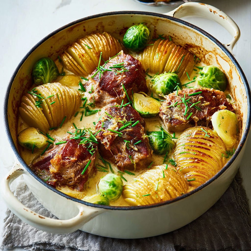 Porc tendre à la crème, pommes de terre hasselback crousti-moelleuses et choux de Bruxelles poêlés.