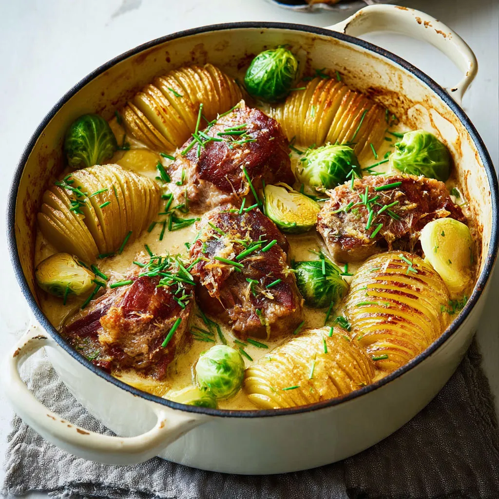 Porc tendre à la crème, pommes de terre hasselback crousti-moelleuses et choux de Bruxelles poêlés.
