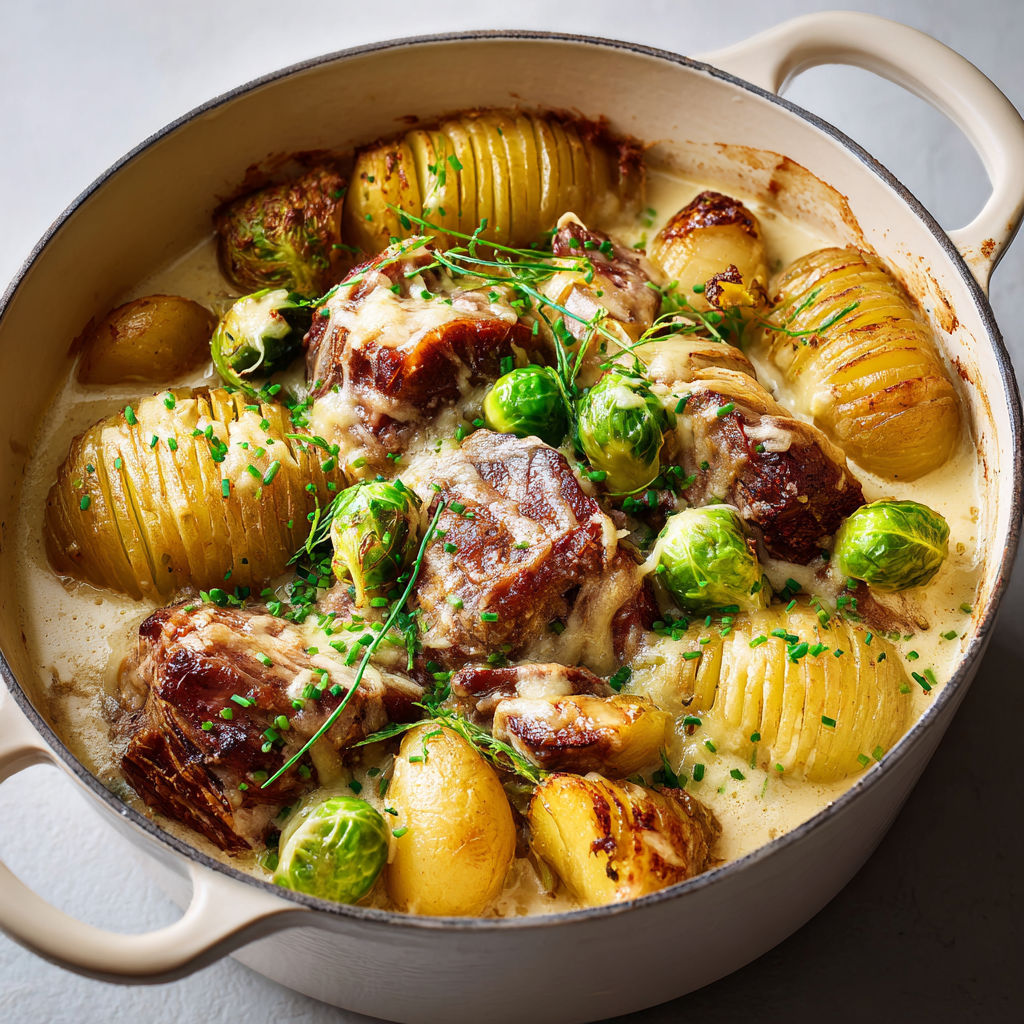 Porc longuement braisé, crème onctueuse et pommes de terre hasselback dorées au four.