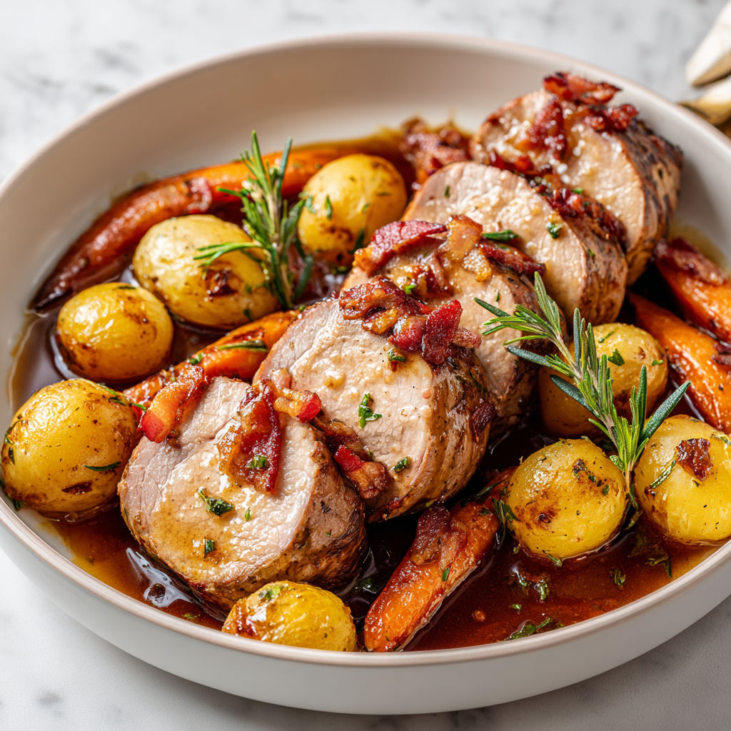 Un filet de porc caramélisé avec bacon croquant et légumes fondants rôtis au four, servi harmonieusement sur une assiette.