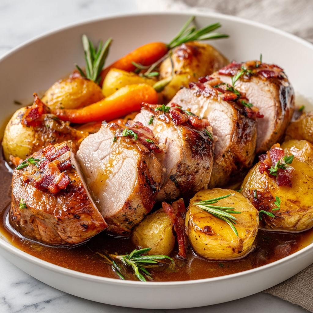 Porc laqué à l’érable avec bacon croustillant et sauce épicée.