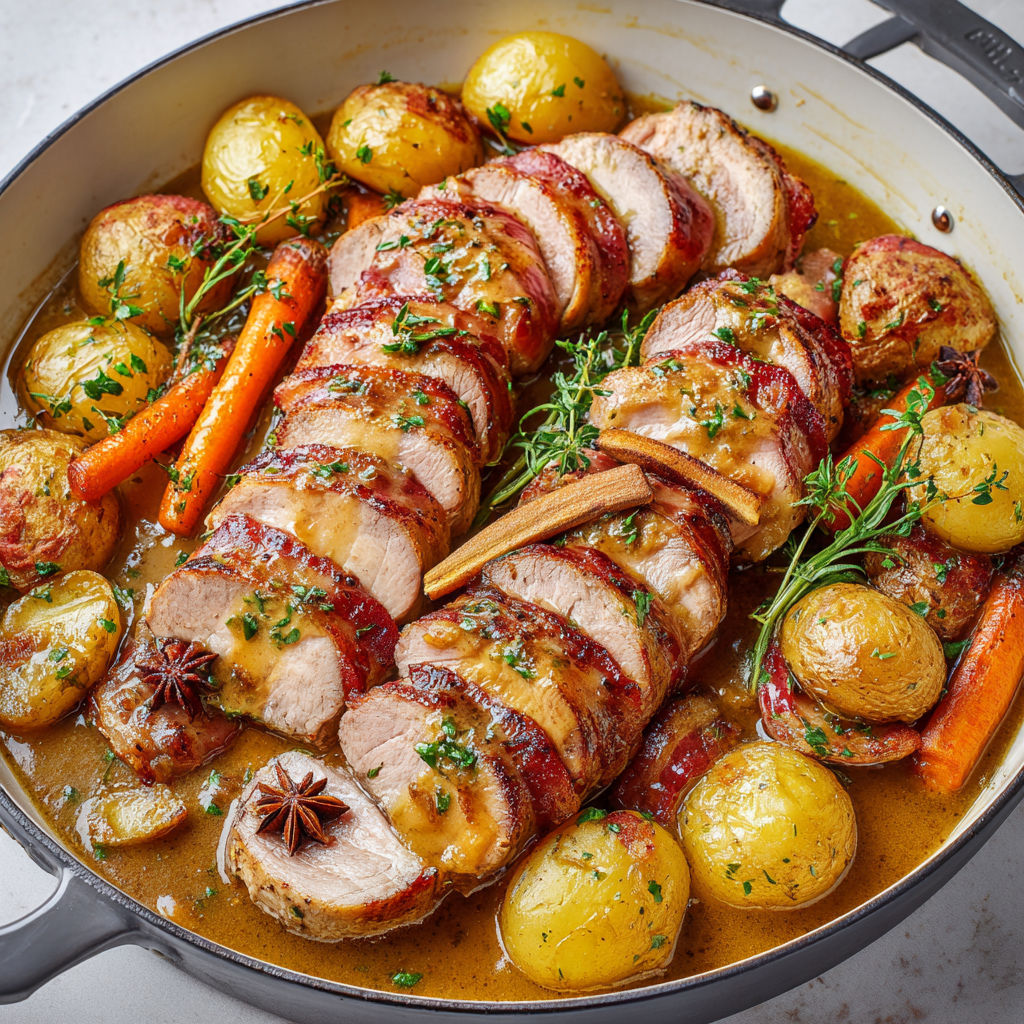 Porc à l’érable et bacon, légumes dorés et sauce cannelle-anis.