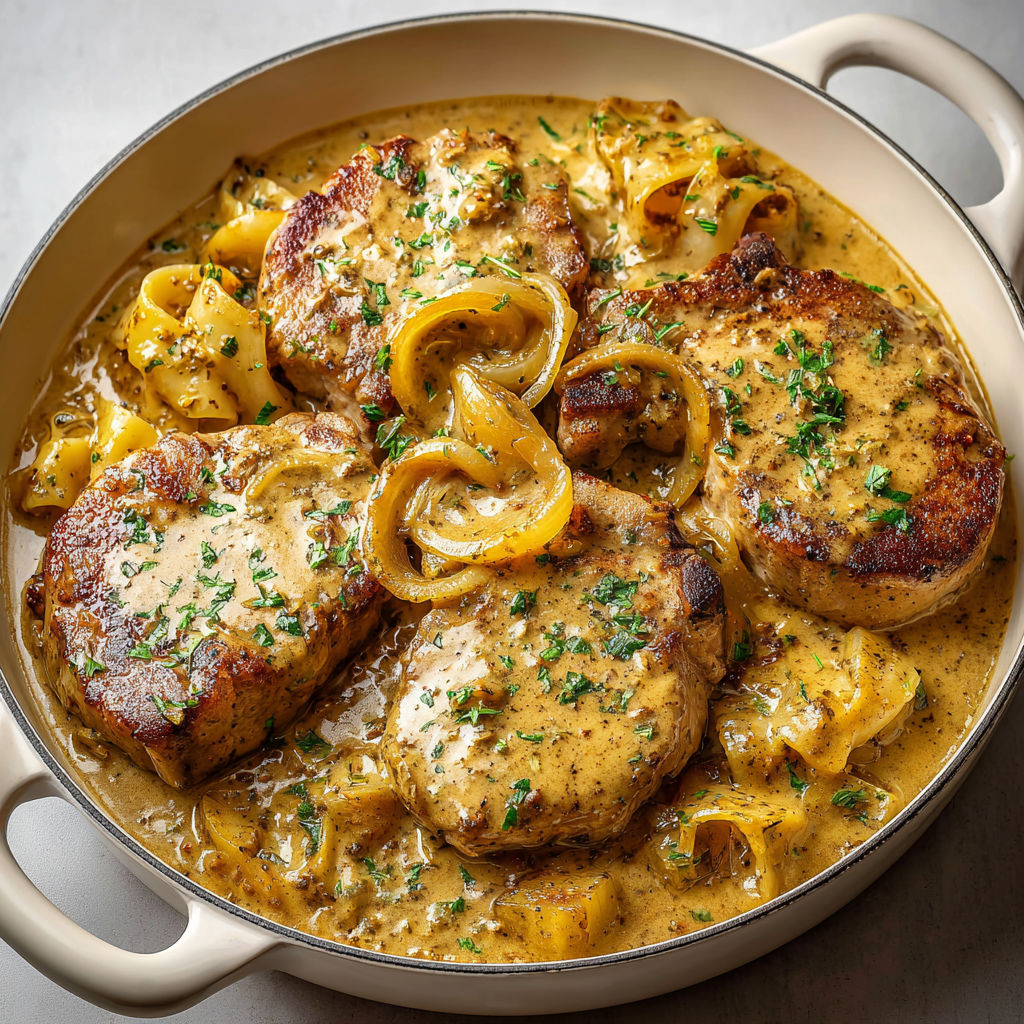 Plat de côtelettes de porc mijotées dans une sauce crémeuse à la moutarde.