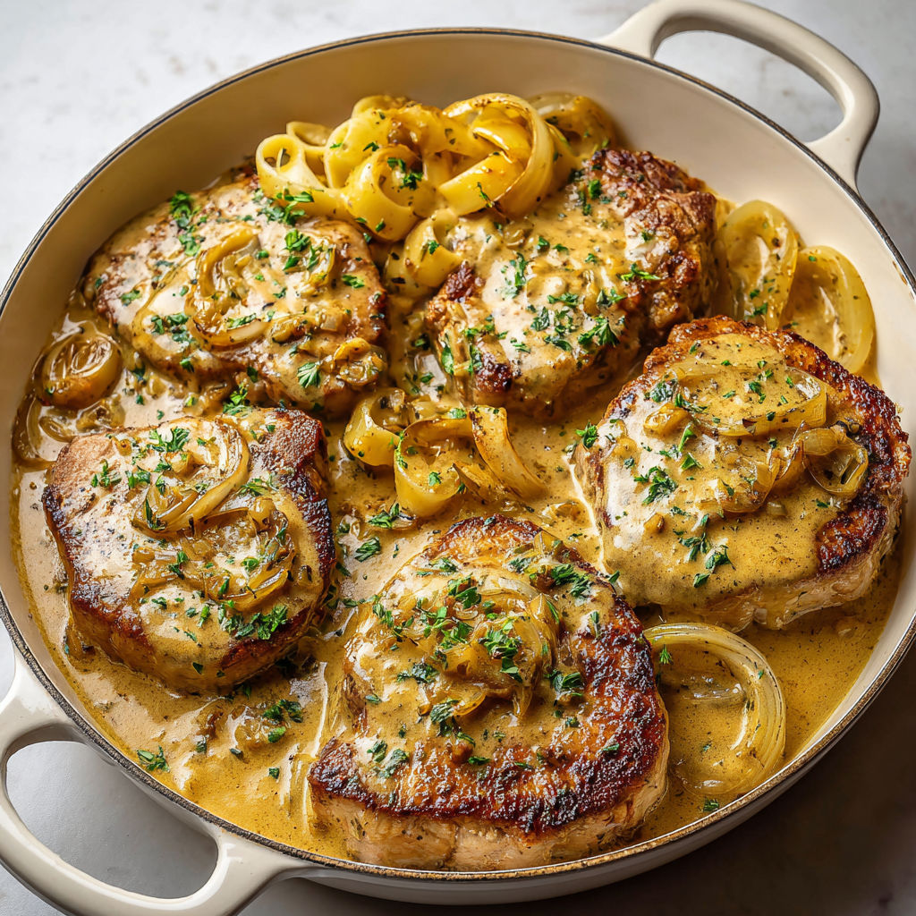 Porc tendre mijoté dans une sauce crémeuse moutarde oignons.