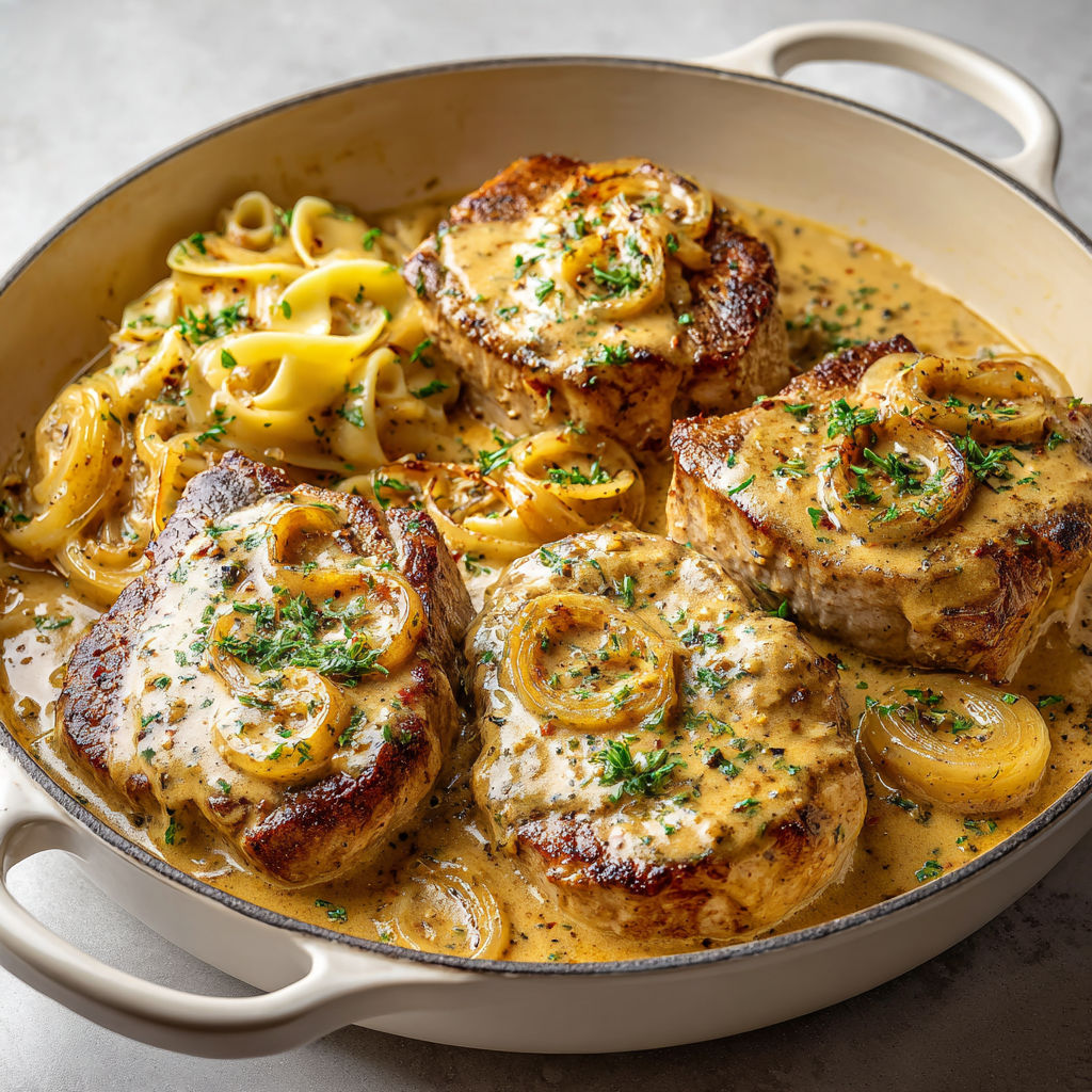 Côtelettes mijotées dans une sauce crémeuse à la moutarde grainée.