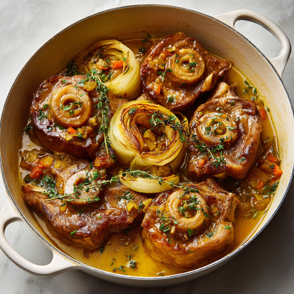Plat mijoté avec viande de porc tendre, légumes et une polenta crémeuse au fromage.