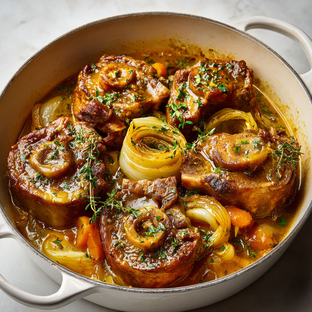 Osso buco tendre de porc aux agrumes et polenta fondante au fromage.