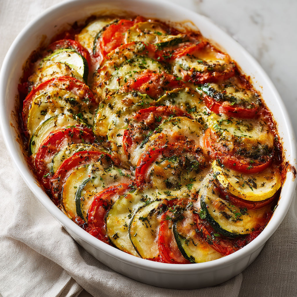 Délicieux gratin courgettes aux tomates et fromage doré sur le dessus.