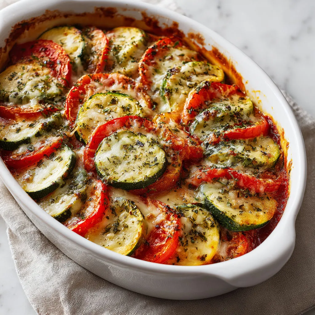 Gros plan courgettes fondantes, sauce tomate et fromage gratiné