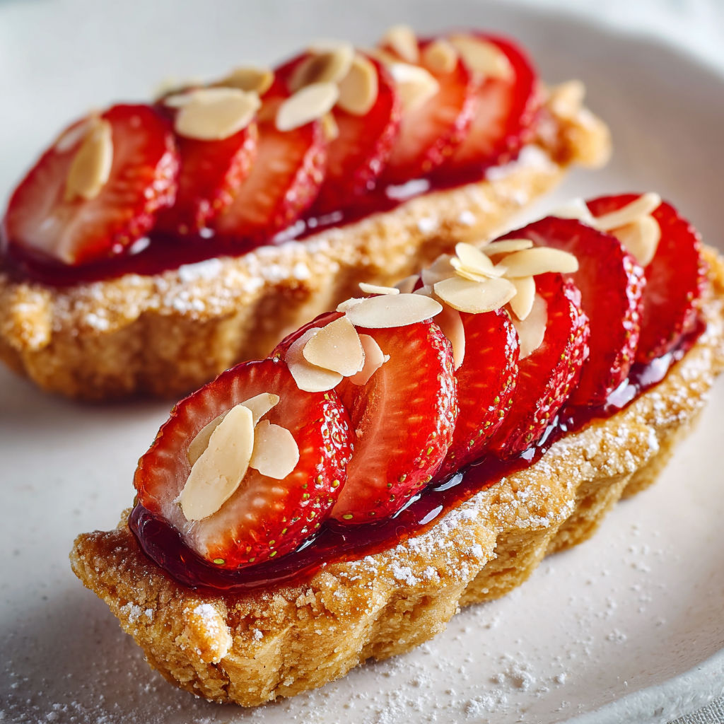Petites barquettes dorées garnies de fraises fraîches et coulis rouge.