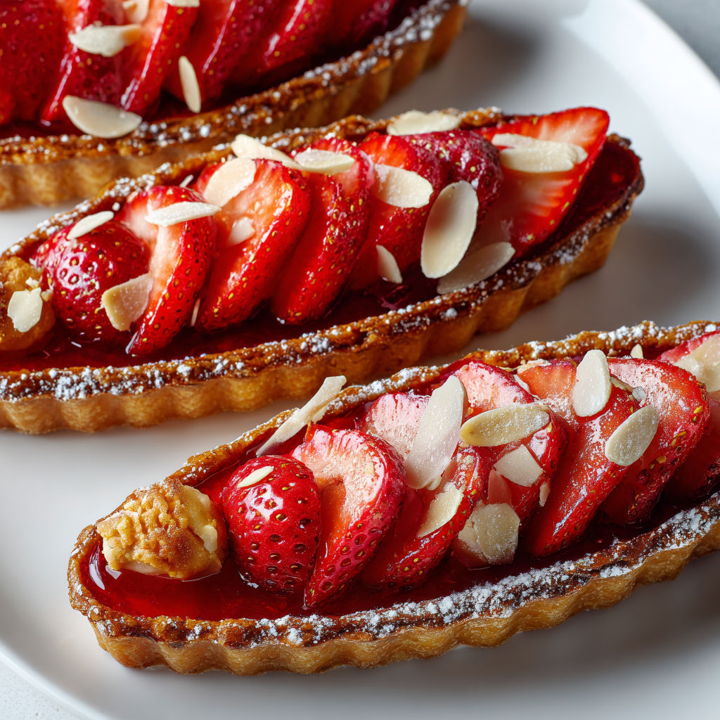 Barquettes maison dorées garnies de fraises et amandes, tellement fondantes.