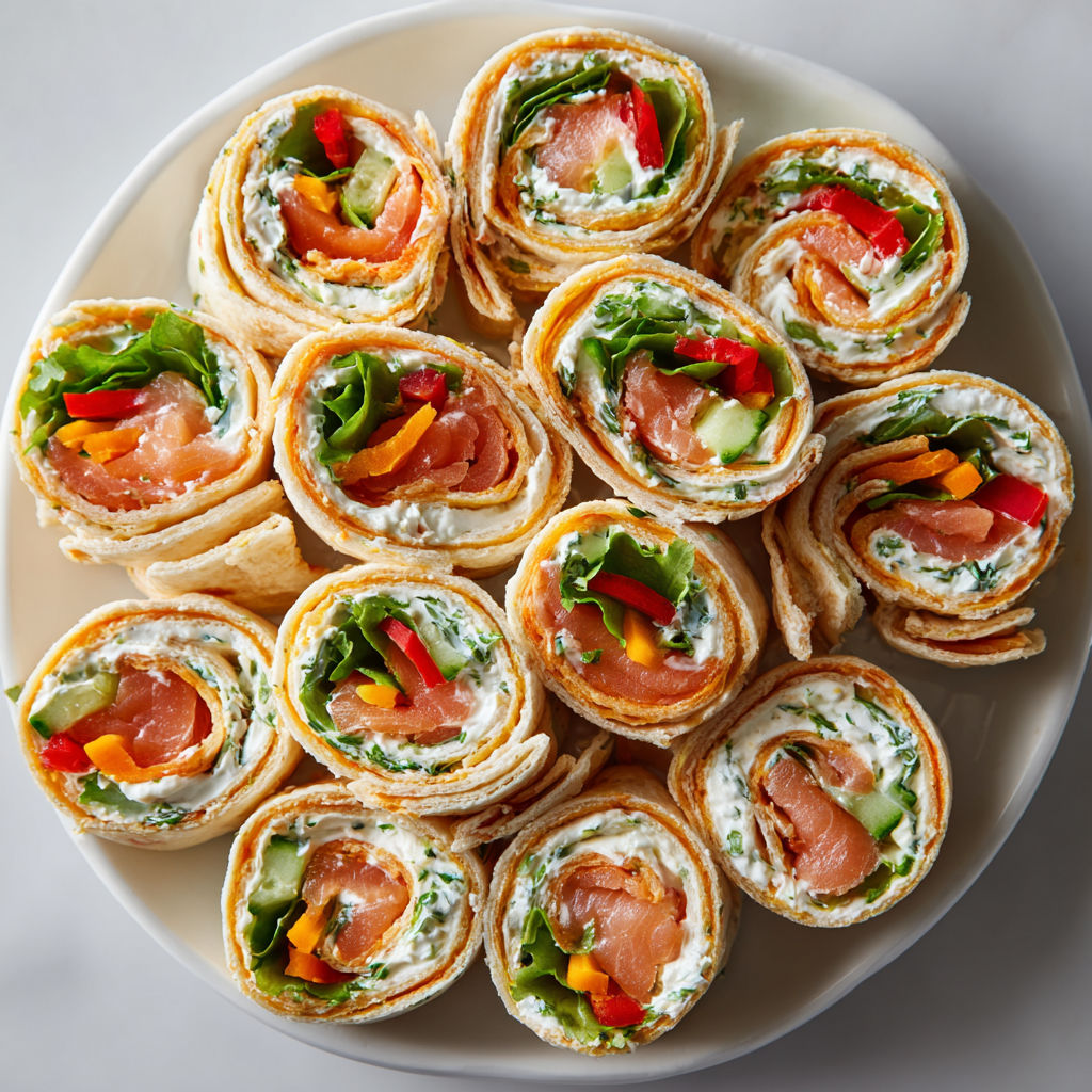 Assiette de Wraps frais avec Saumon et Fromage pour l'apéro.
