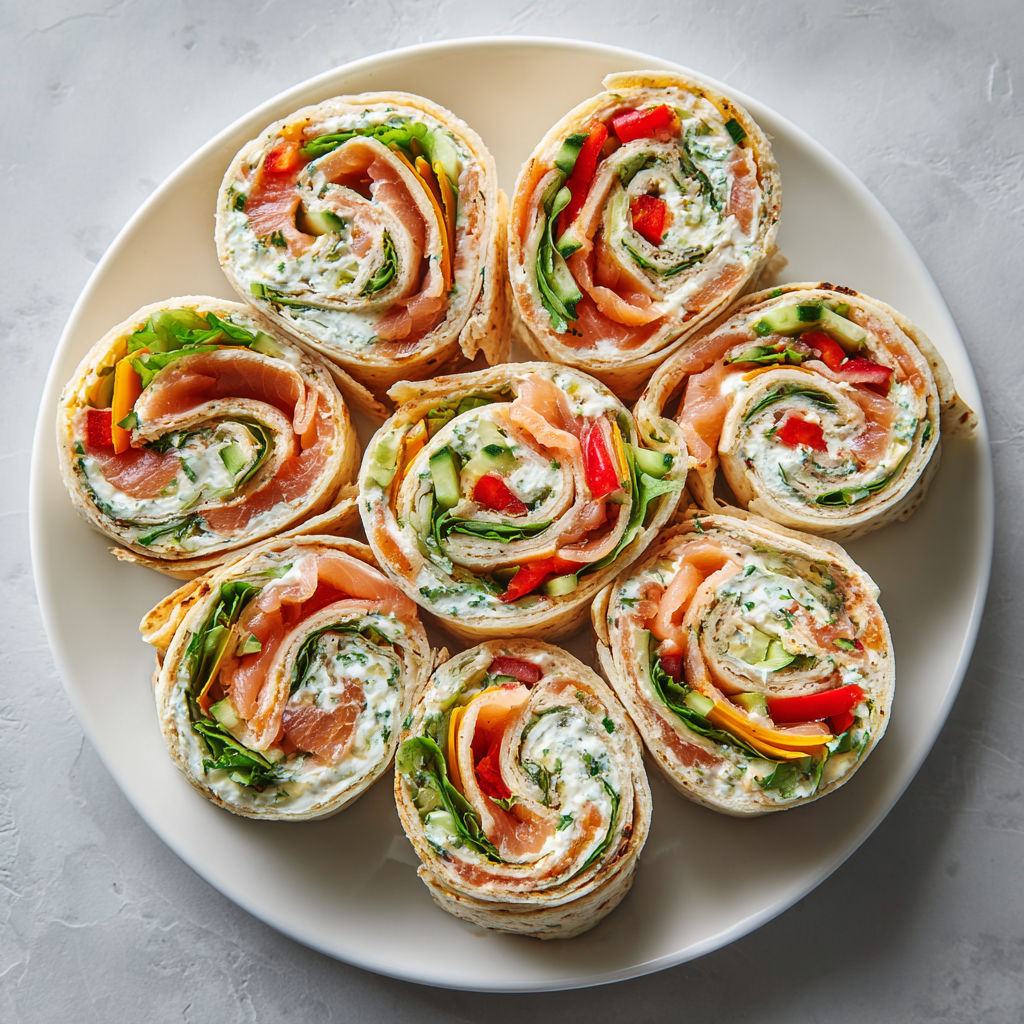 Wraps saumon fumé, fromage frais et herbes, prêts pour le buffet apéro.