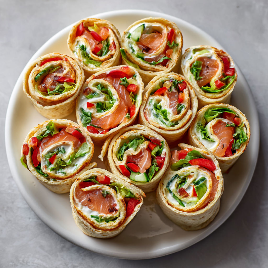 Tortillas enroulées saumon fumé, concombre et fromage doux.