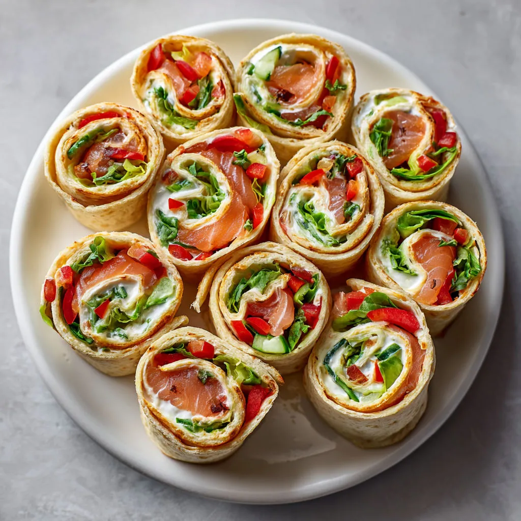 Tortillas enroulées saumon fumé, concombre et fromage doux.