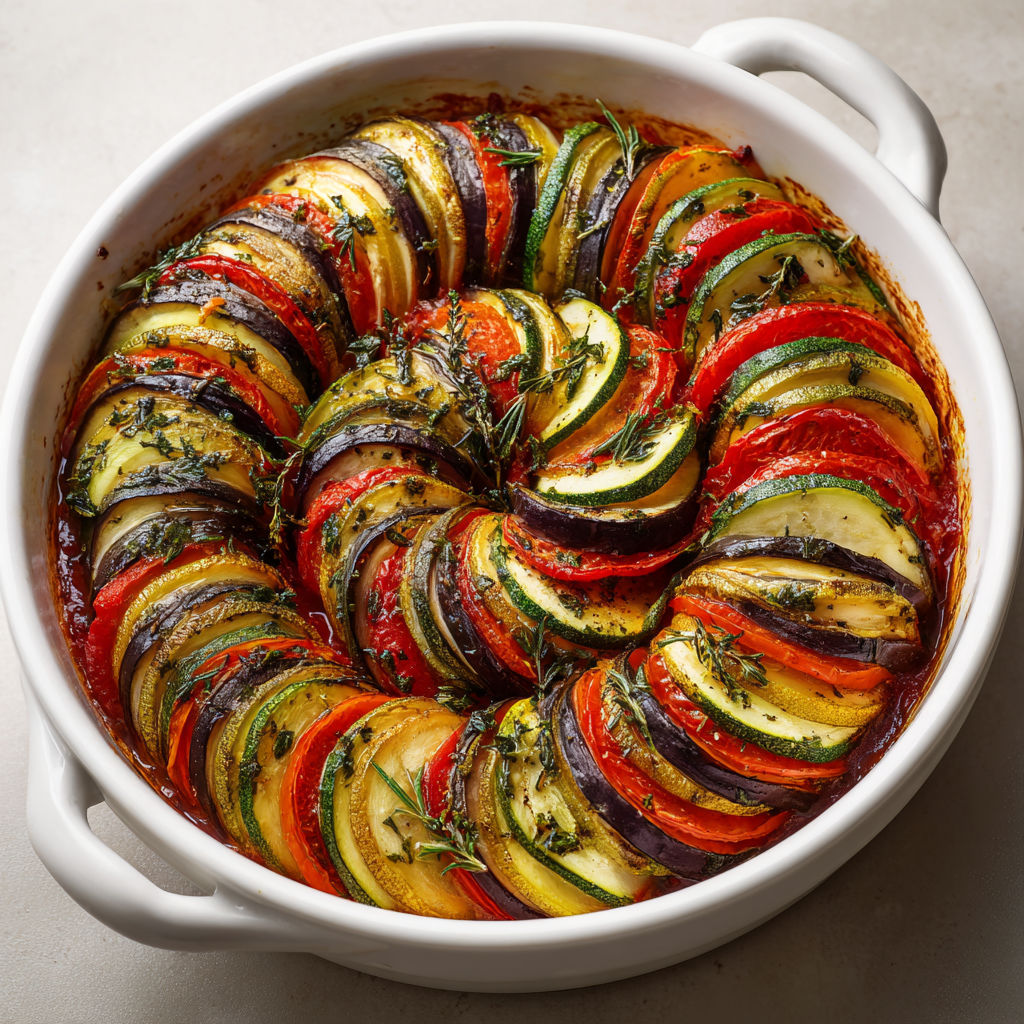 Légumes d’été à la provençale gratinés courgettes aubergines et tomates fondantes.