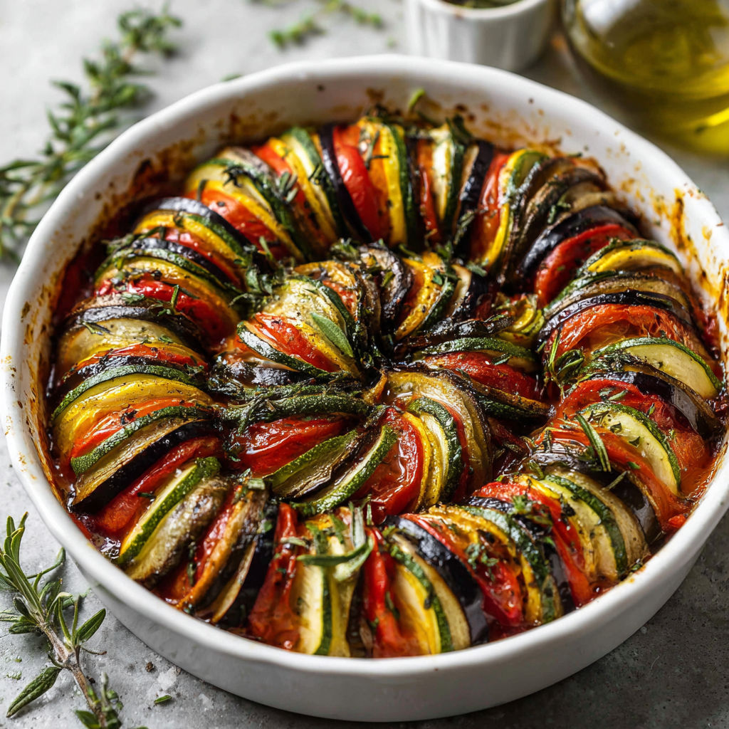 Gratin de légumes d’été colorés façon provençale tout juste sorti du four.