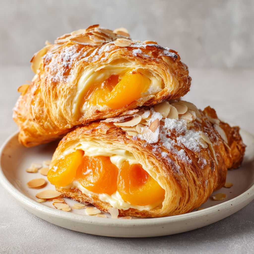 Croissants croustillants avec crème vanillée et morceaux d'abricots, servis sur un plateau élégant.
