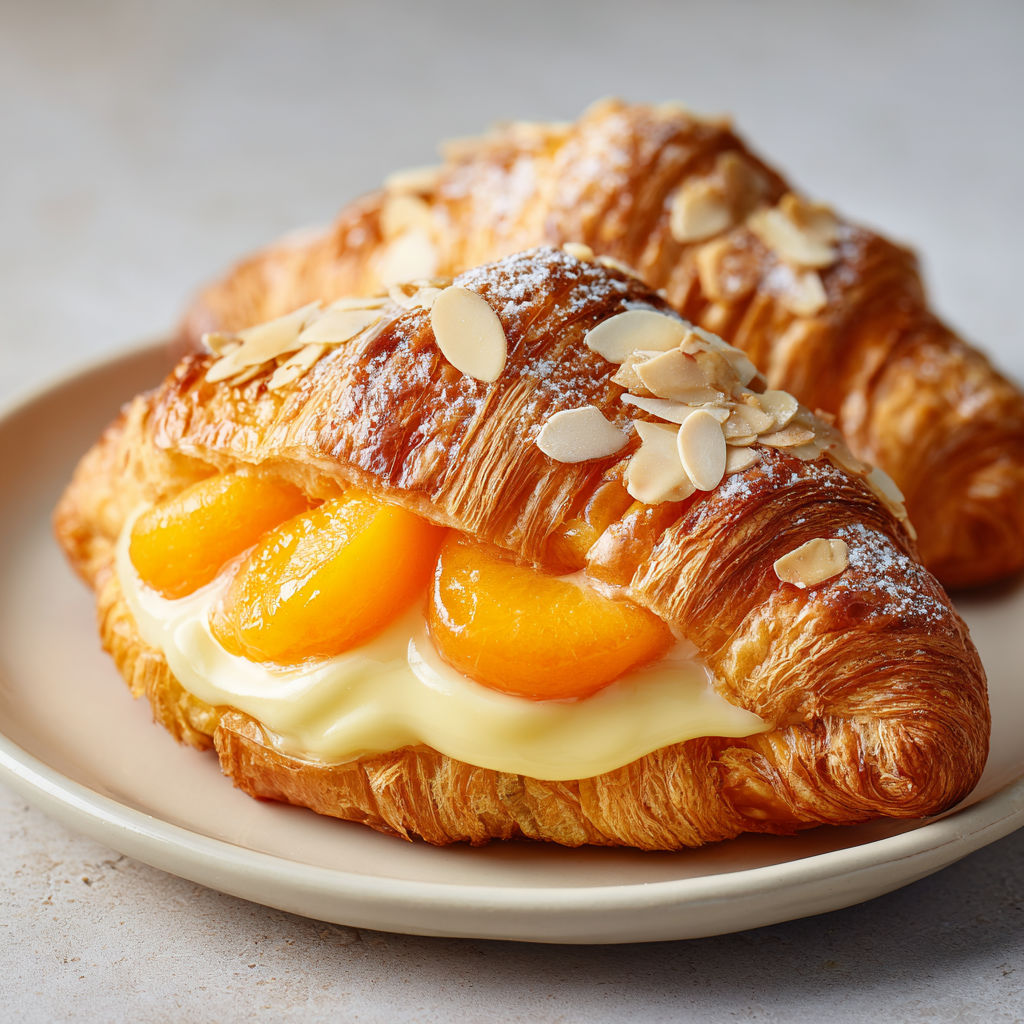 Croissants dorés à la crème vanille et abricots caramélisés.