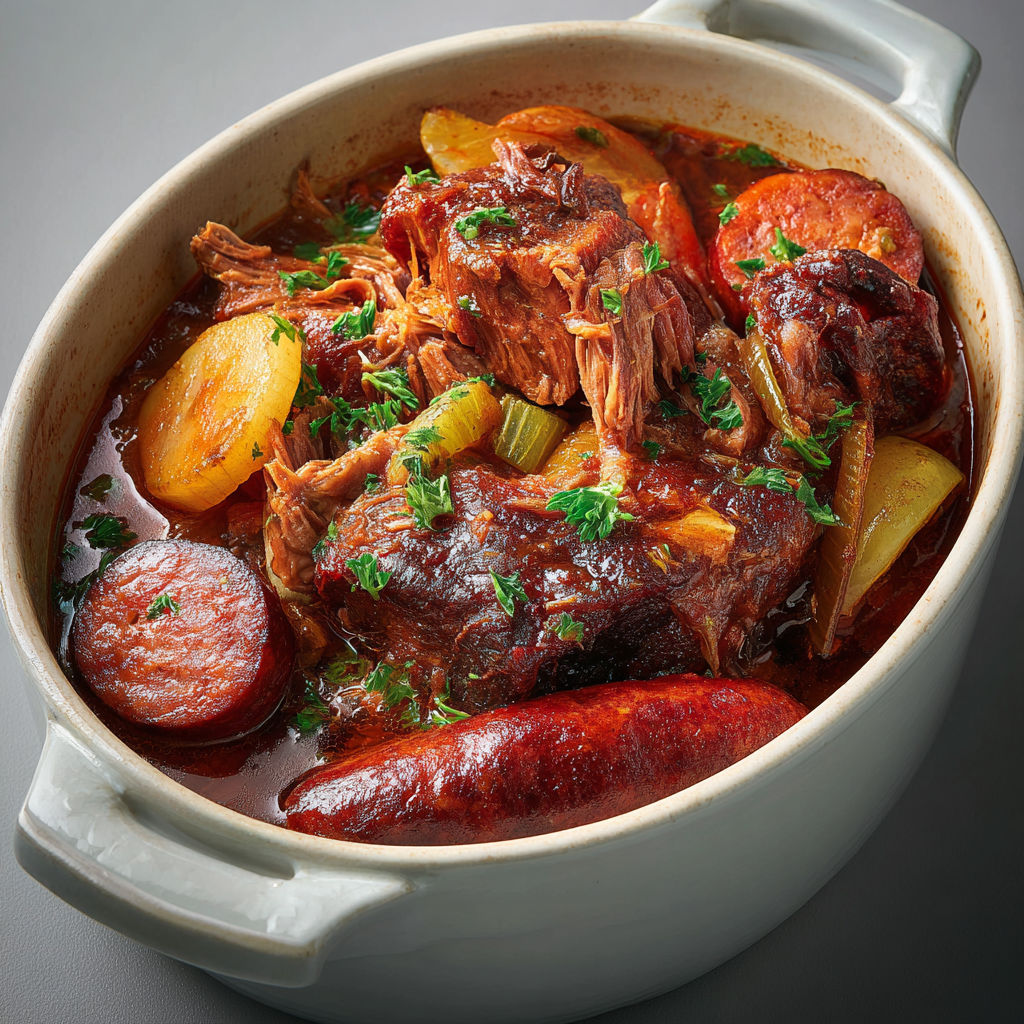 Porc mijoté aux saucisses et vin rouge façon bistrot. Convivial, rustique, et super gourmand.