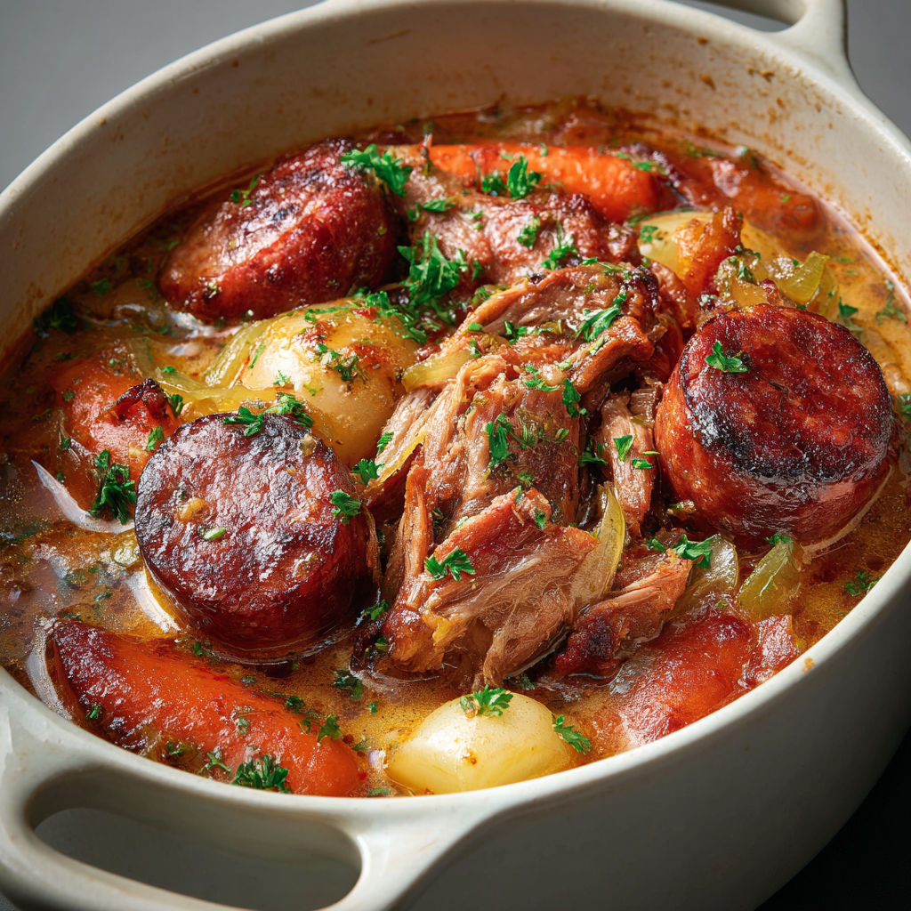 Échine de porc ultra fondante, saucisses fumées et légumes en cocotte généreuse.
