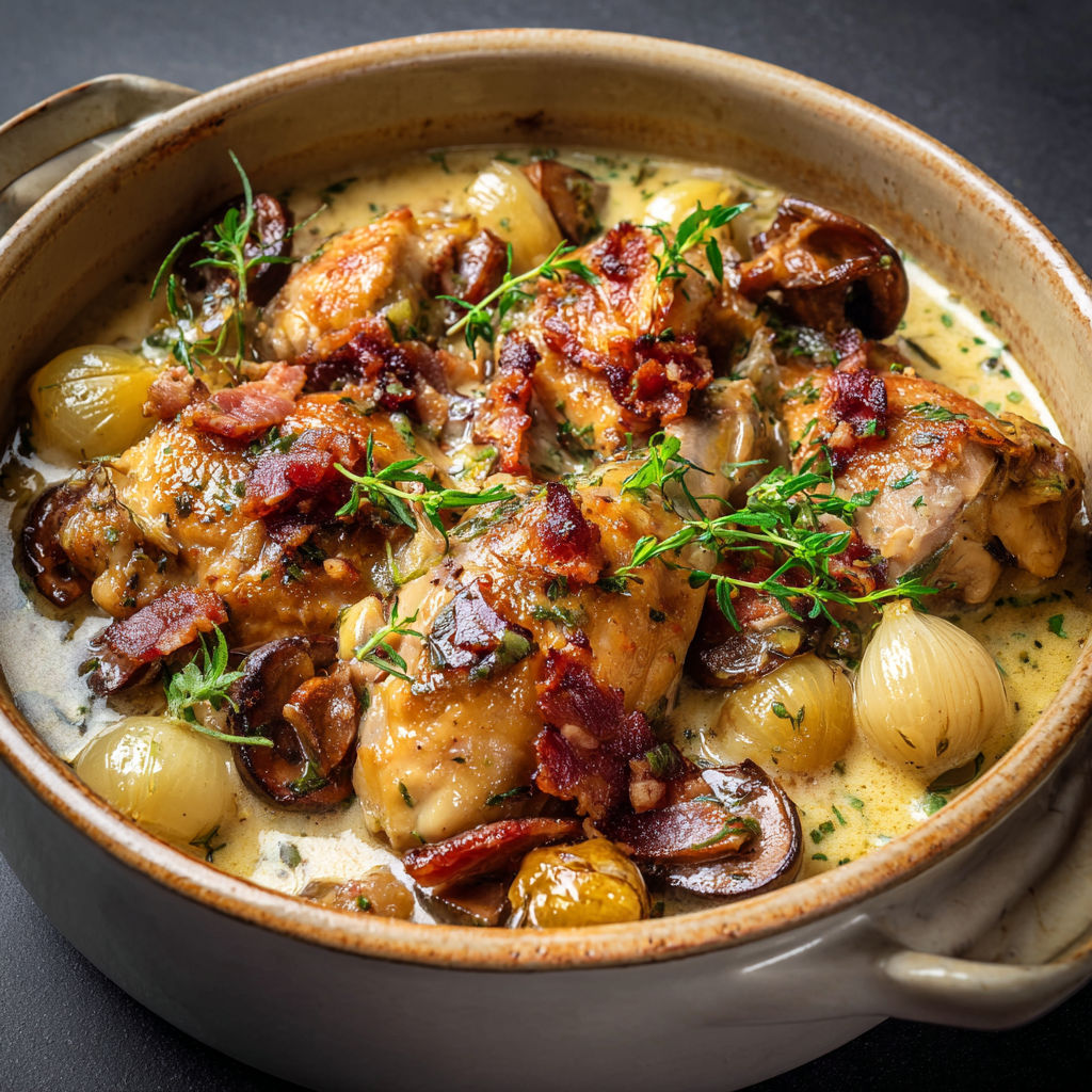 Lapin tendre mijoté aux petits oignons grelots et estragon, sauce vin blanc en cocotte.