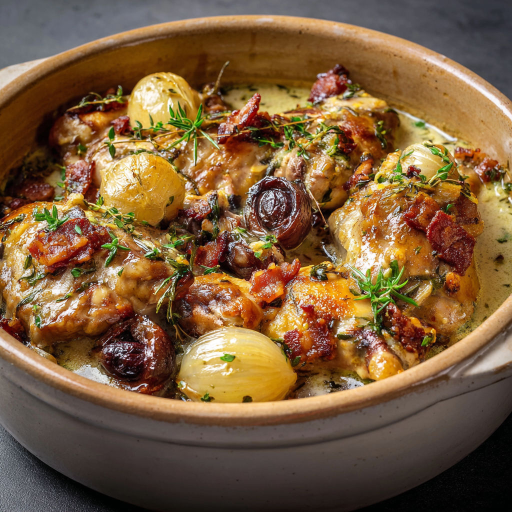 Lapin mijoté avec champignons, lardons et sauce vin blanc parfumée à l’estragon.