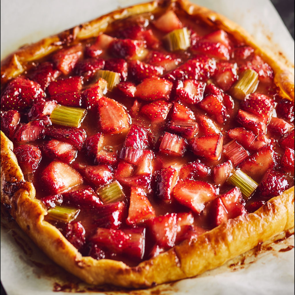 Une délicieuse tarte aux fraises et rhubarbe dorées au four.