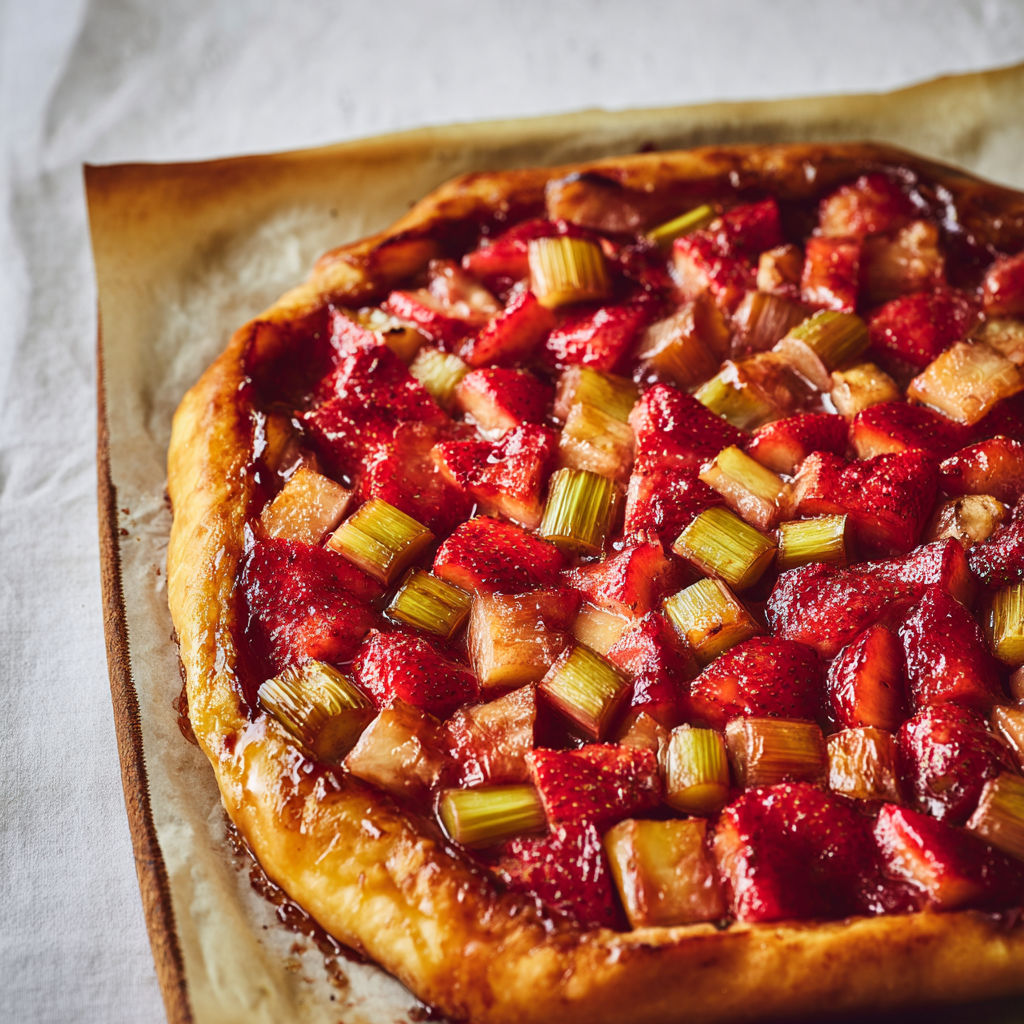 Tarte gourmande fraises rhubarbe ultra dorée sur pâte sablée.
