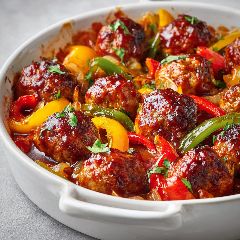 Délicieuses boulettes de porc et poivrons caramélisés au sirop d’érable.